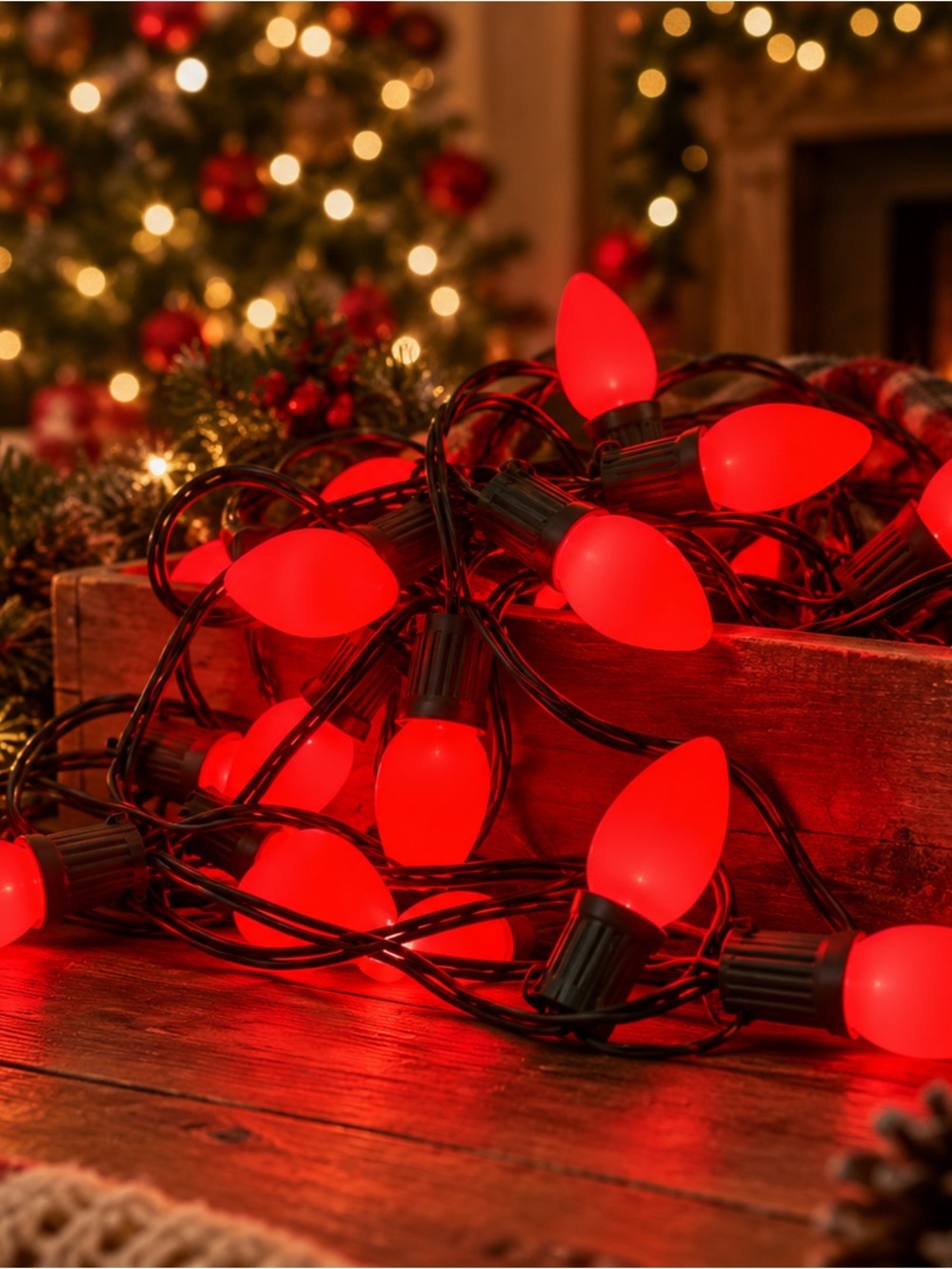 Vintage Red Bulb Holiday String Lights with Green Cord